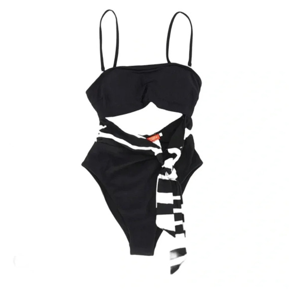 River Island Cut Out Tie Waist Bandeau One Piece Swimsuit Black Size 8 NWT - Picture 4 of 13